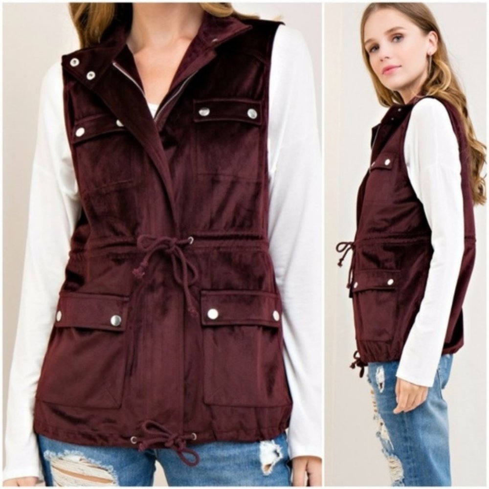 NEW Faux Suede Utility Military Vest Drawstring Burgundy Purple Duffle Small